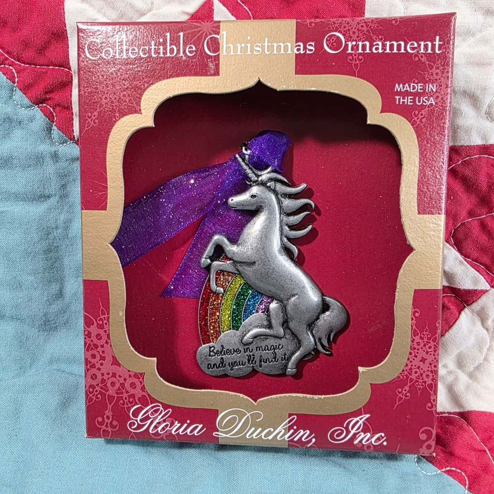 Gloria Duchin Unicorn Believe in Magic Ornament Silver Rainbow Glitter Pewter